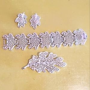 Fall Sarah Coventry 60's earrings Bracelet brooch  oak leaf silver demi Parure